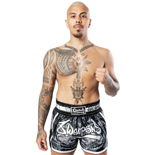 8 WEAPONS Muay Thai Shorts Carbon Sak Yant Tigers – Black