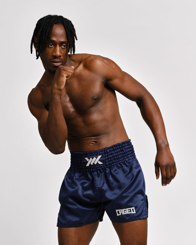 Caged Muay Thai Shorts Classic - Navy Blue/White