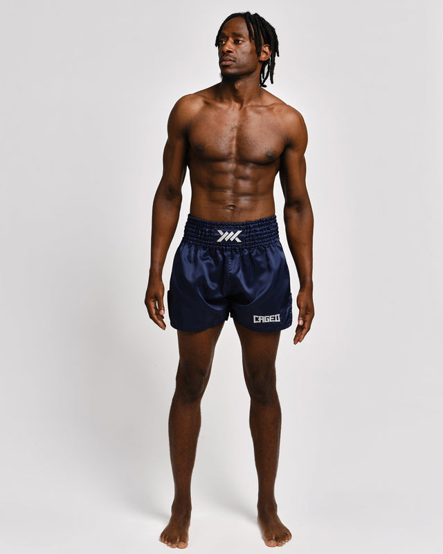 Caged Muay Thai Shorts Classic - Navy Blue/White