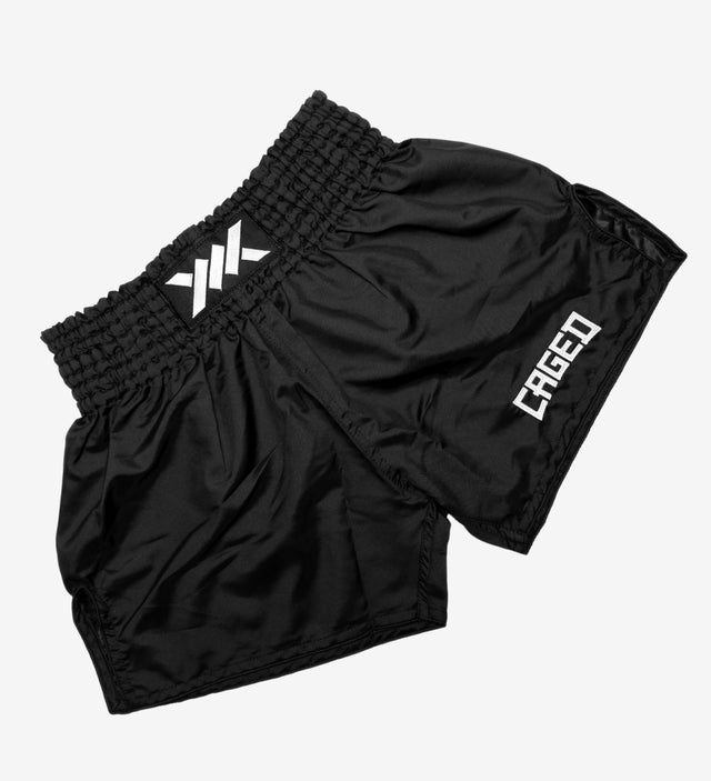 Spodenki Muay Thai Caged Classic – Czarne/Białe