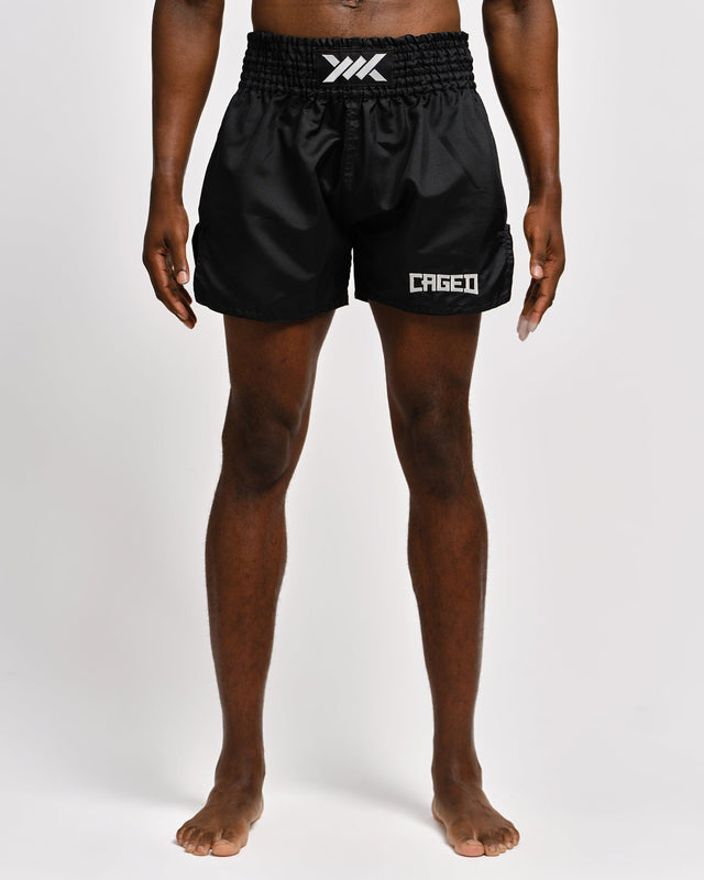 Spodenki Muay Thai Caged Classic – Czarne/Białe