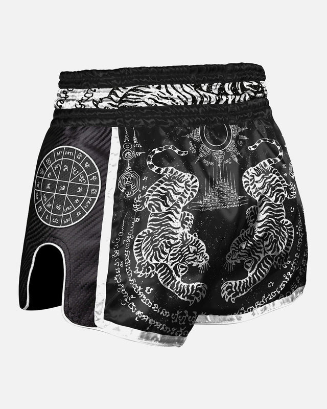 8 WEAPONS Muay Thai Shorts Carbon Sak Yant Tigers – Black