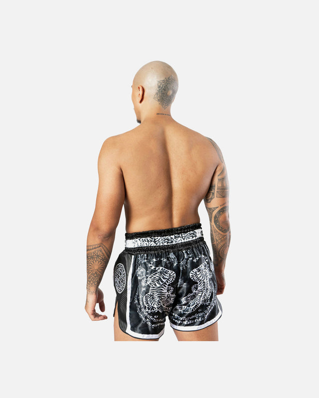 8 WEAPONS Muay Thai Shorts Carbon Sak Yant Tigers – Black
