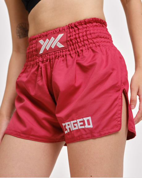 Calções de Muay Thai Caged Classic – Vermelho/Branco mulher