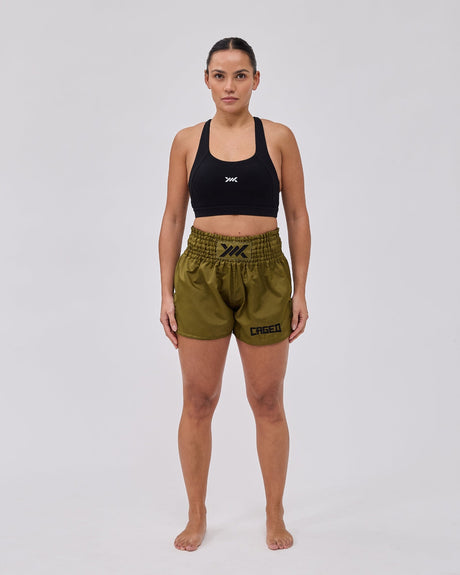 Caged Muay Thai Shorts Classic – Khaki Green/Black Women