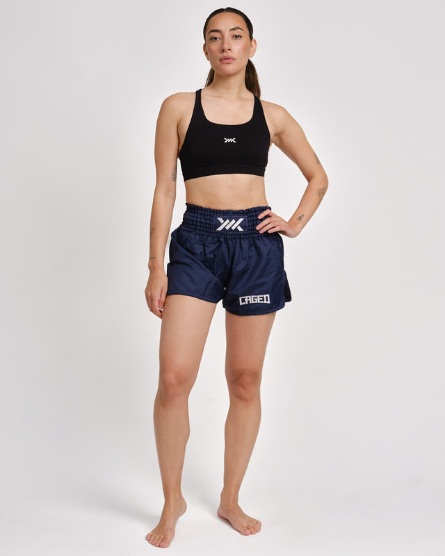 Caged Muay-Thai-Shorts Classic – Marineblau/Weiß Damen
